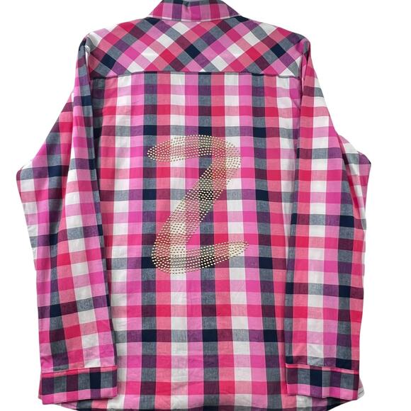 Zumba Wear Lovely Studded Logo Button Down Shirt Mens XL Checks Long Sleeve Pink - Picture 1 of 11